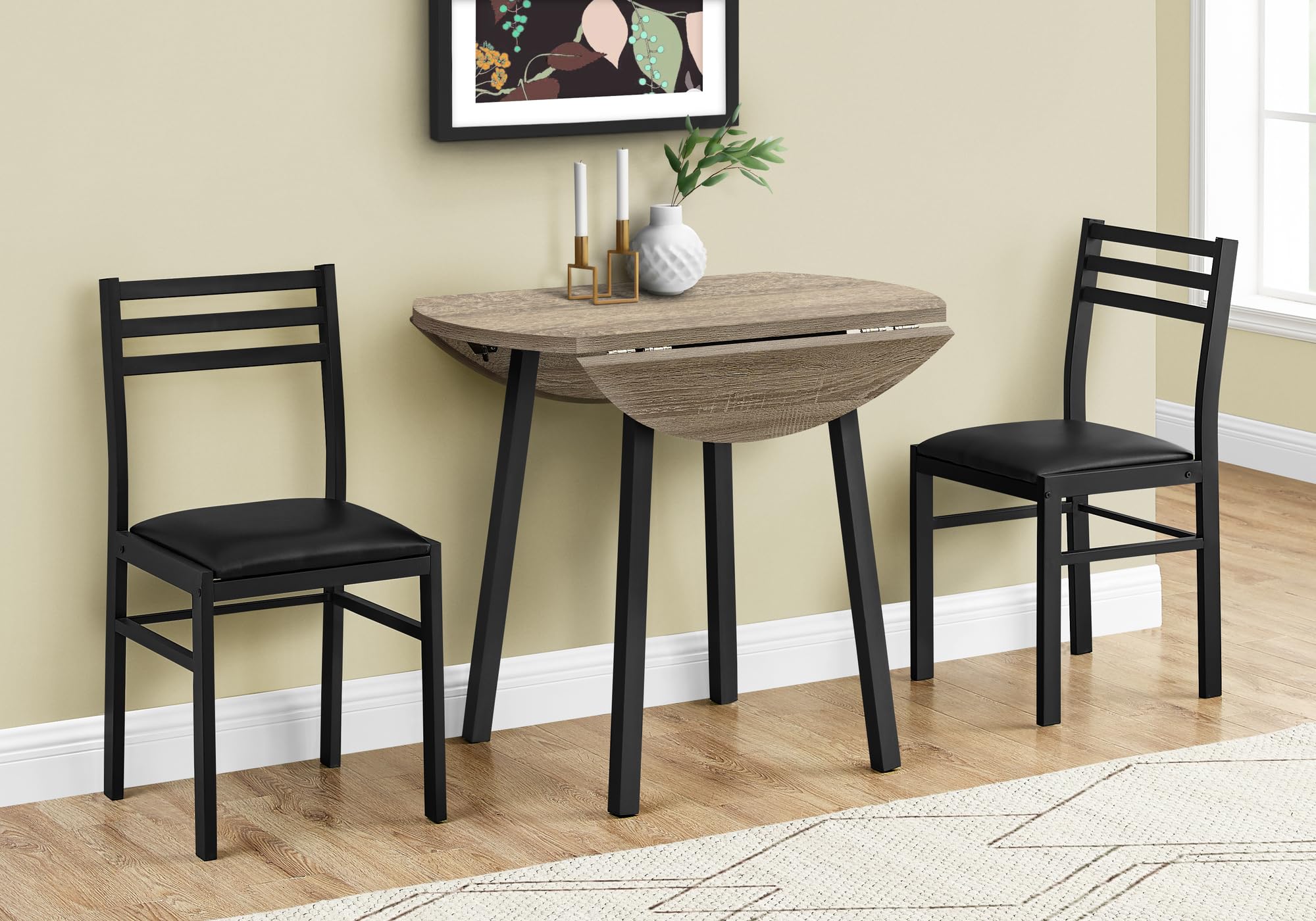 Monarch Specialties I 1003 Dining Table Set, 3Pcs Set, Small, 35" Drop Leaf, Kitchen, Metal, Laminate, Brown, Black, Contemporary, Modern